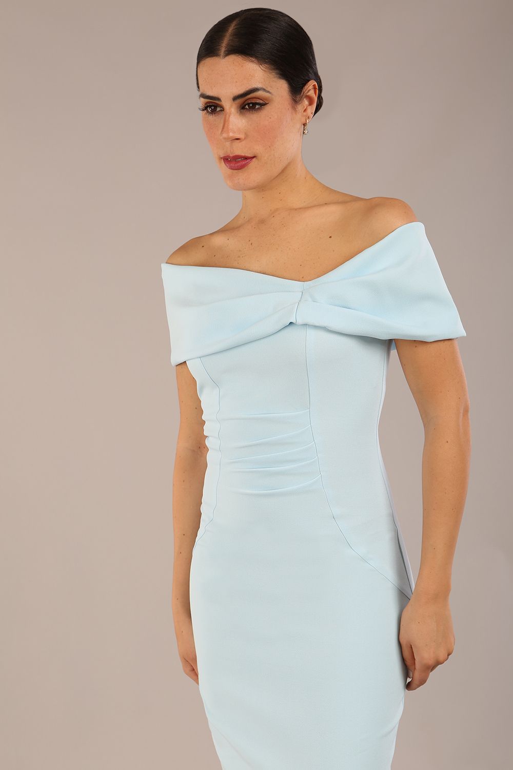 model is wearing diva catwalk mariposa pencil dress with Detailed Bardot neckline with fold-over detail and pleated at waist area in Sky Blue