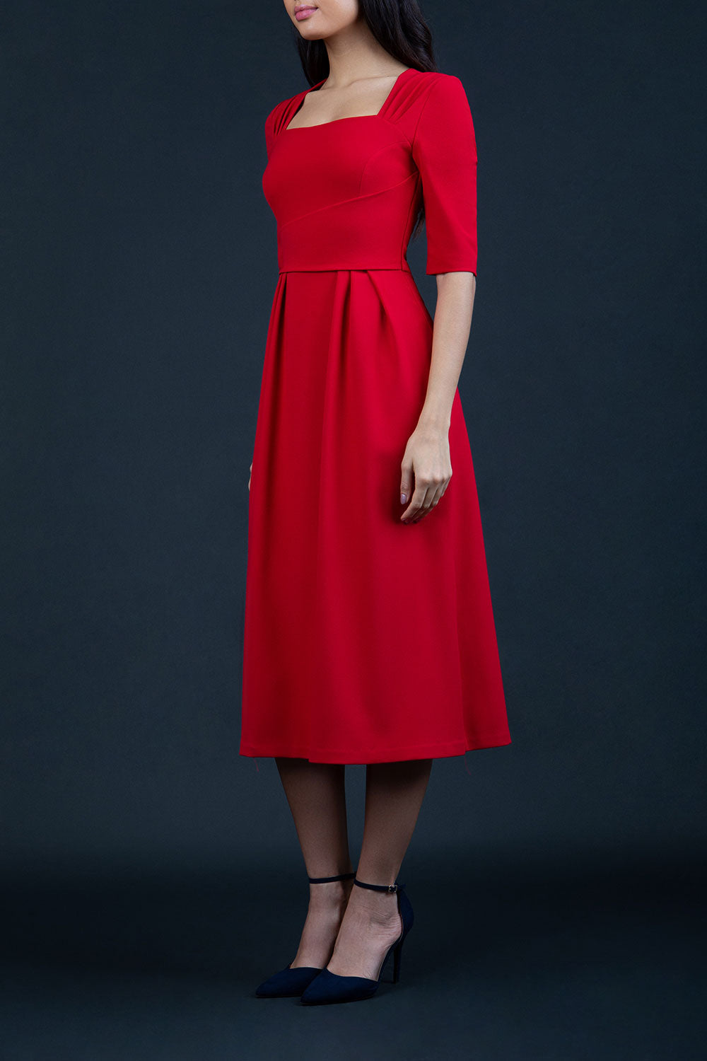 model is wearing diva catwalk mimi maxi sleeved dress with square neckline in red front