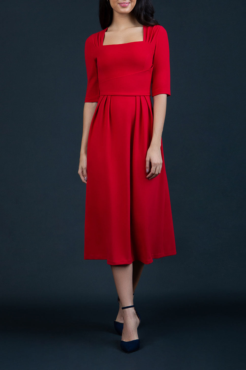 model is wearing diva catwalk mimi maxi sleeved dress with square neckline in red front