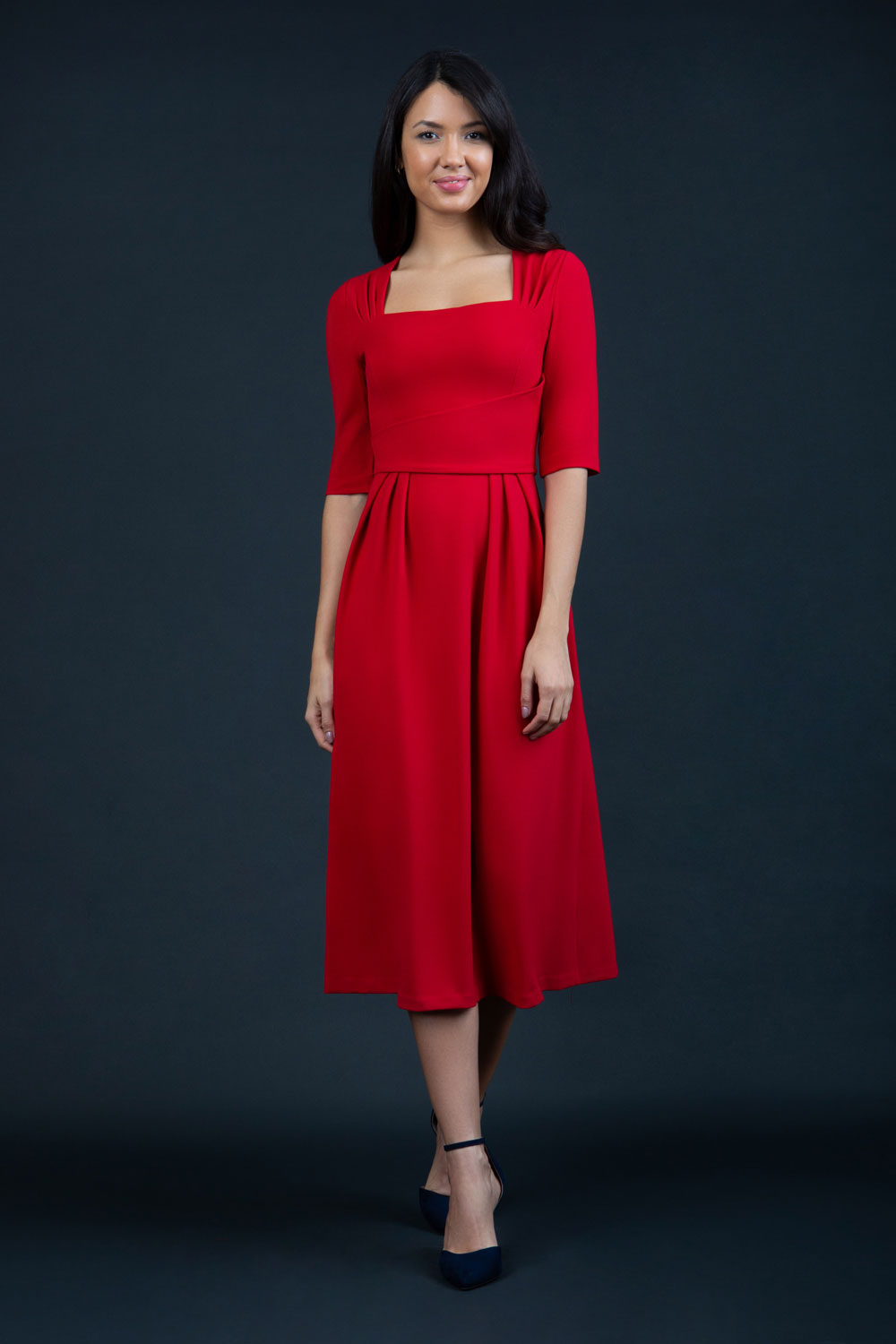 model is wearing diva catwalk mimi maxi sleeved dress with square neckline in red front