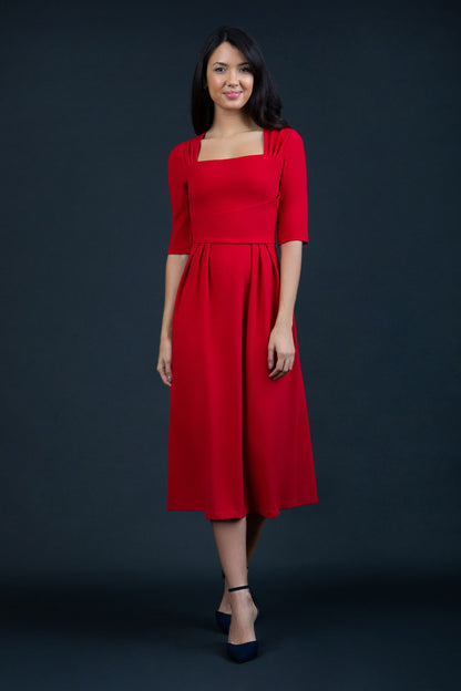 model is wearing diva catwalk mimi maxi sleeved dress with square neckline in red front