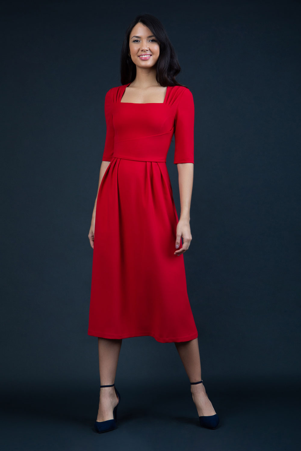 model is wearing diva catwalk mimi maxi sleeved dress with square neckline in red front