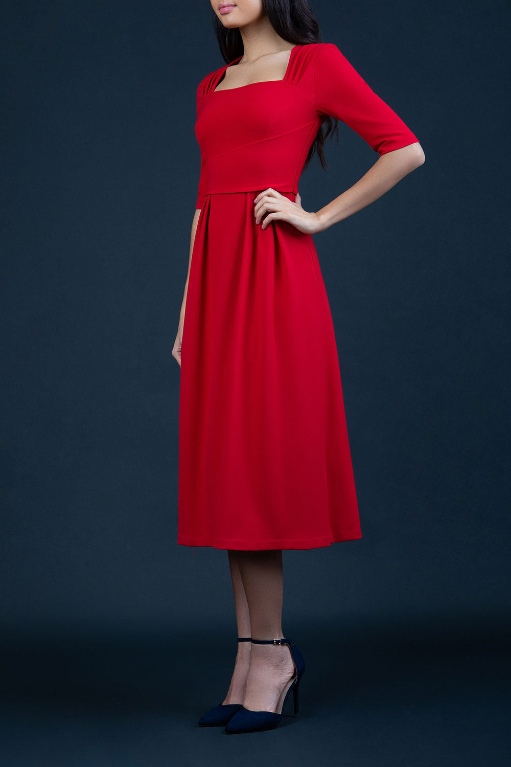 model is wearing diva catwalk mimi maxi sleeved dress with square neckline in red front