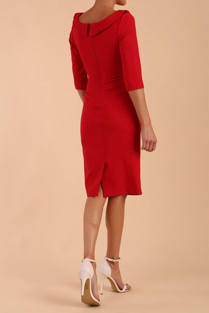 Model wearing diva catwalk Marcel Folded Collar Pencil Dress in Scarlet Red side