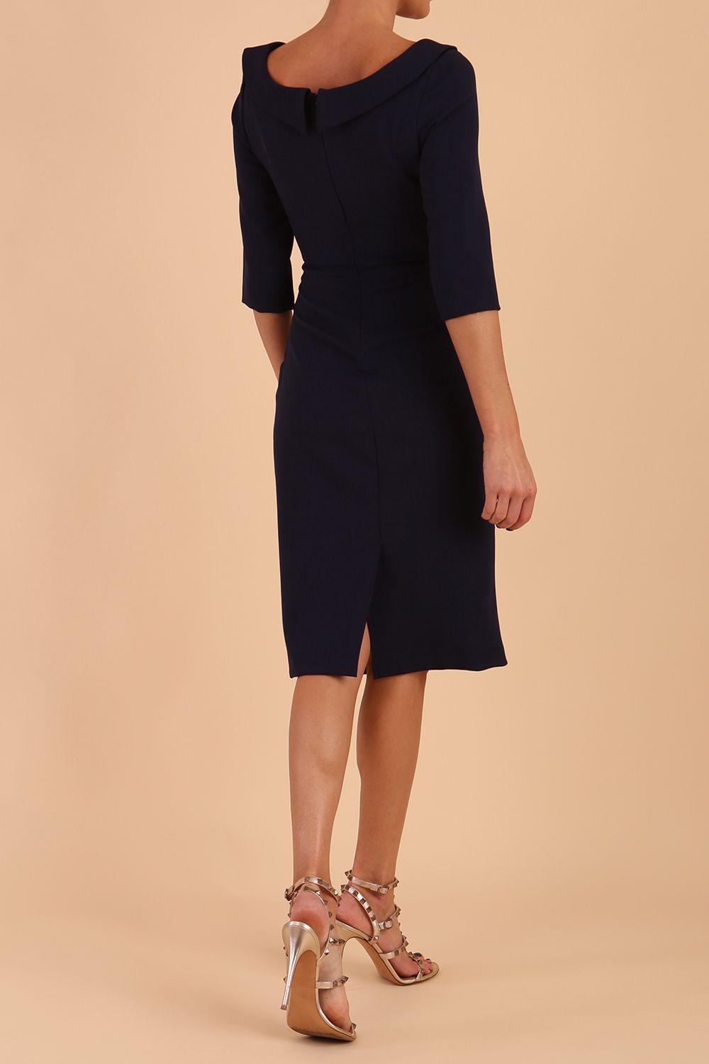 Model wearing diva catwalk Marcel Folded Collar Pencil Dress in Navy Blue front