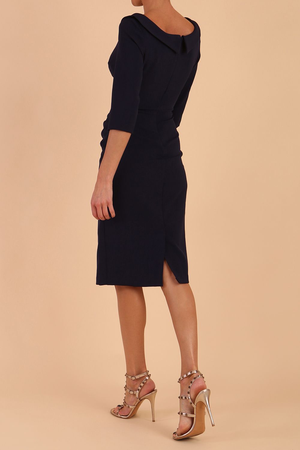 Model wearing diva catwalk Marcel Folded Collar Pencil Dress in Navy Blue front