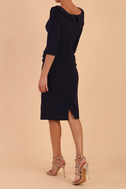 Model wearing diva catwalk Marcel Folded Collar Pencil Dress in Navy Blue front