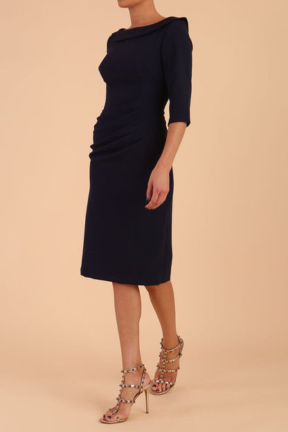 Model wearing diva catwalk Marcel Folded Collar Pencil Dress in Navy Blue front