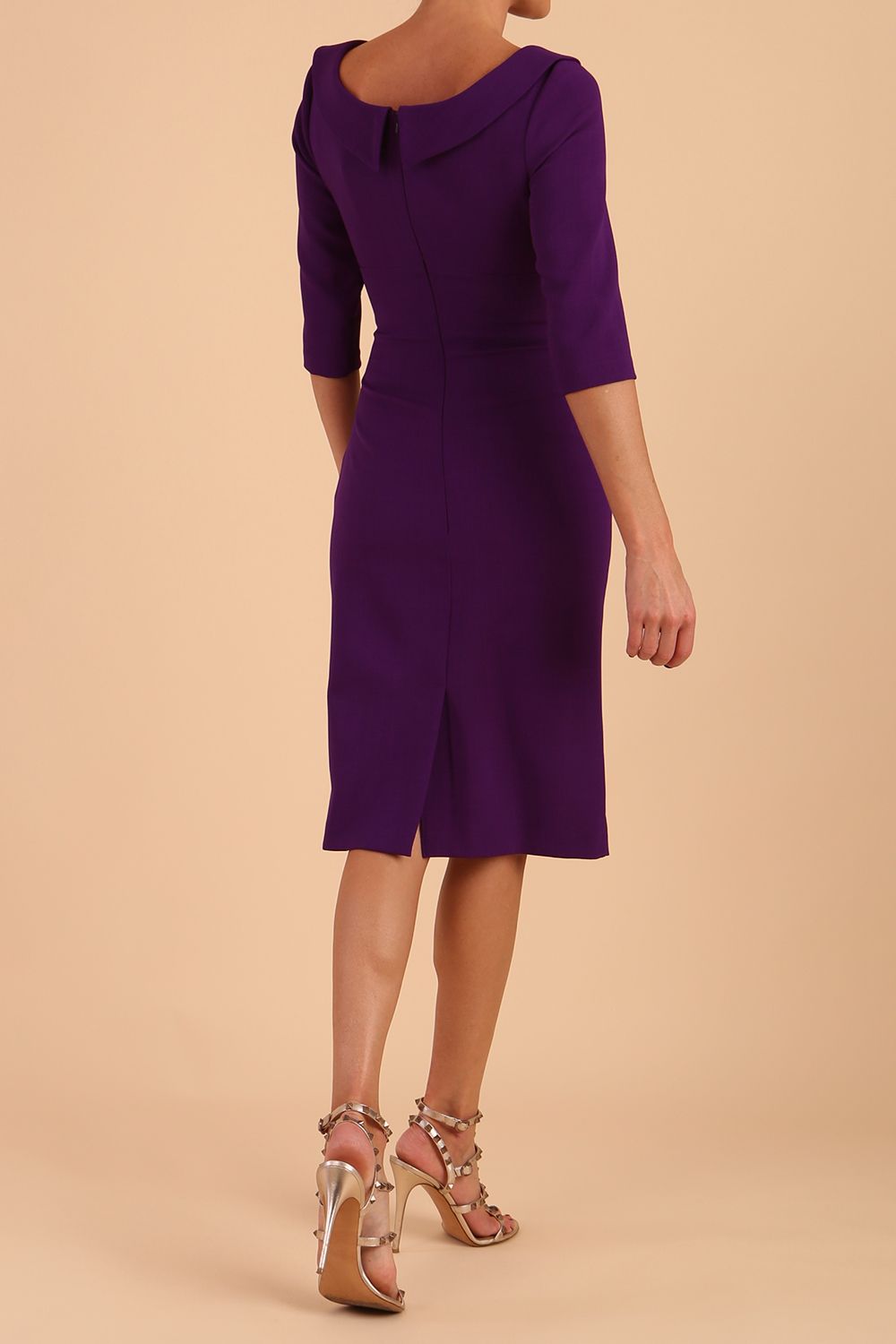 Model wearing diva catwalk Marcel Folded Collar Pencil Dress in Deep Purple front