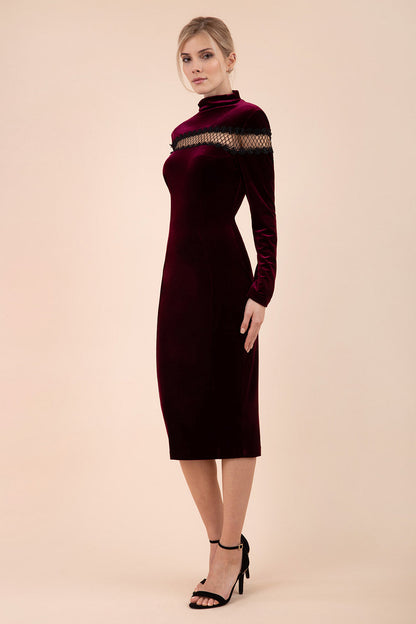 blonde model wearing diva catwalk burgundy pencil dress called trocadero pencil midaxi style with funnel neckline and lace detail and long sleeves front