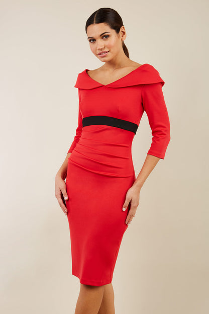 model wearing diva catwalk electric red pencil-skirt dress with 3 4 sleeves and pleated pencil skirt and oversized collar front