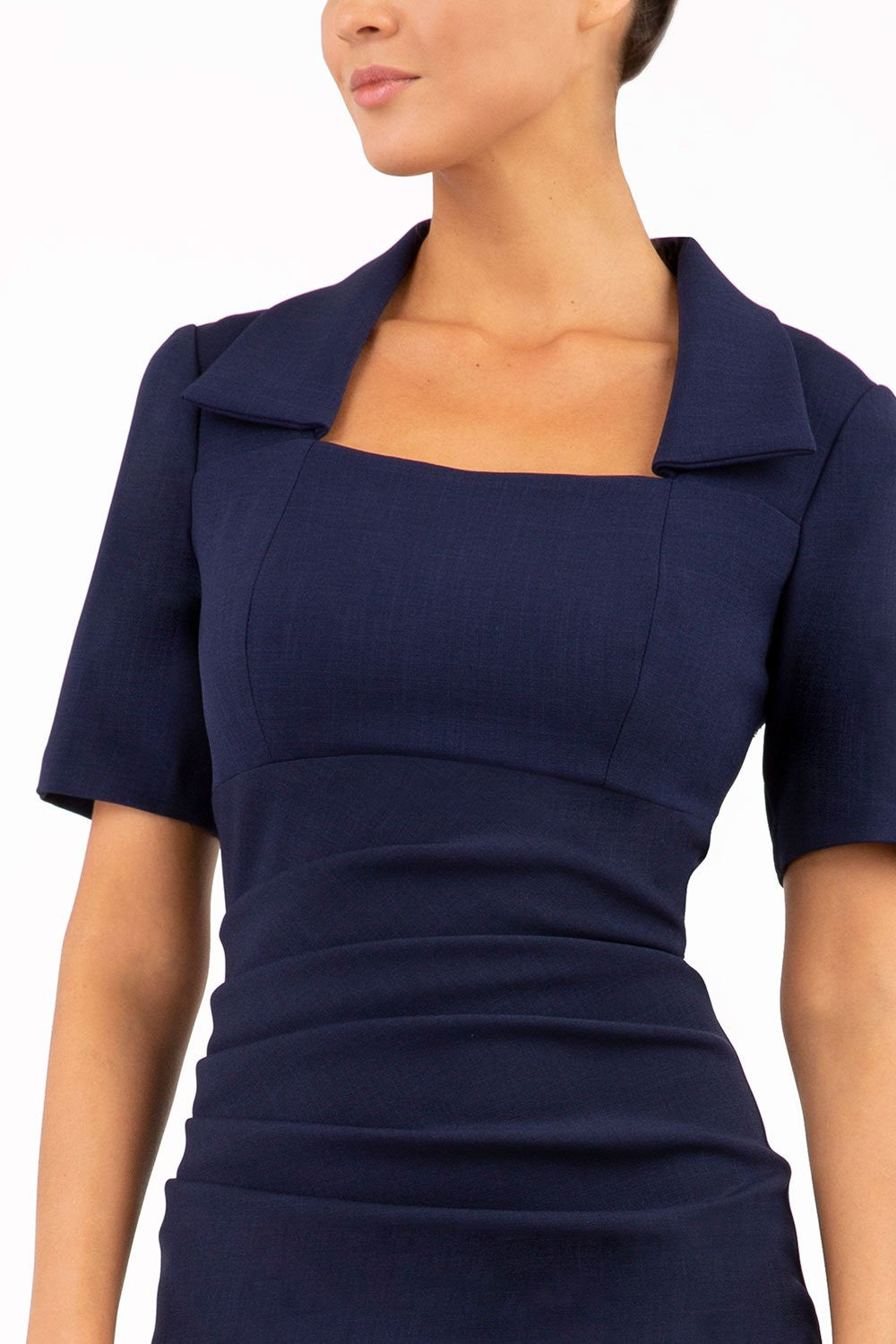 model wearing a diva catwalk Sandown Pencil Dress short sleeve with square neckline and knee length in cobalt blue colour front