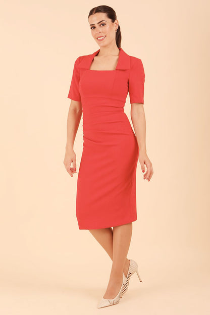 model wearing a diva catwalk Sandown Pencil Dress short sleeve with square neckline and knee length in scarlet red colour front