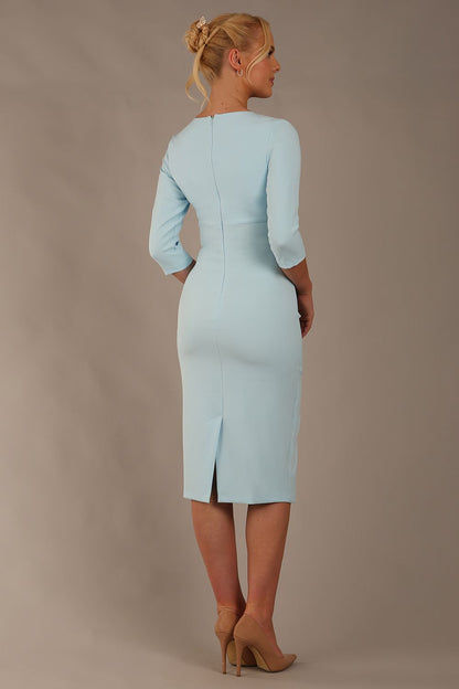 model wearing diva catwalk ubrique pencil dress with a keyhole detail and sleeves in sky blue colour front (Sky Blue)