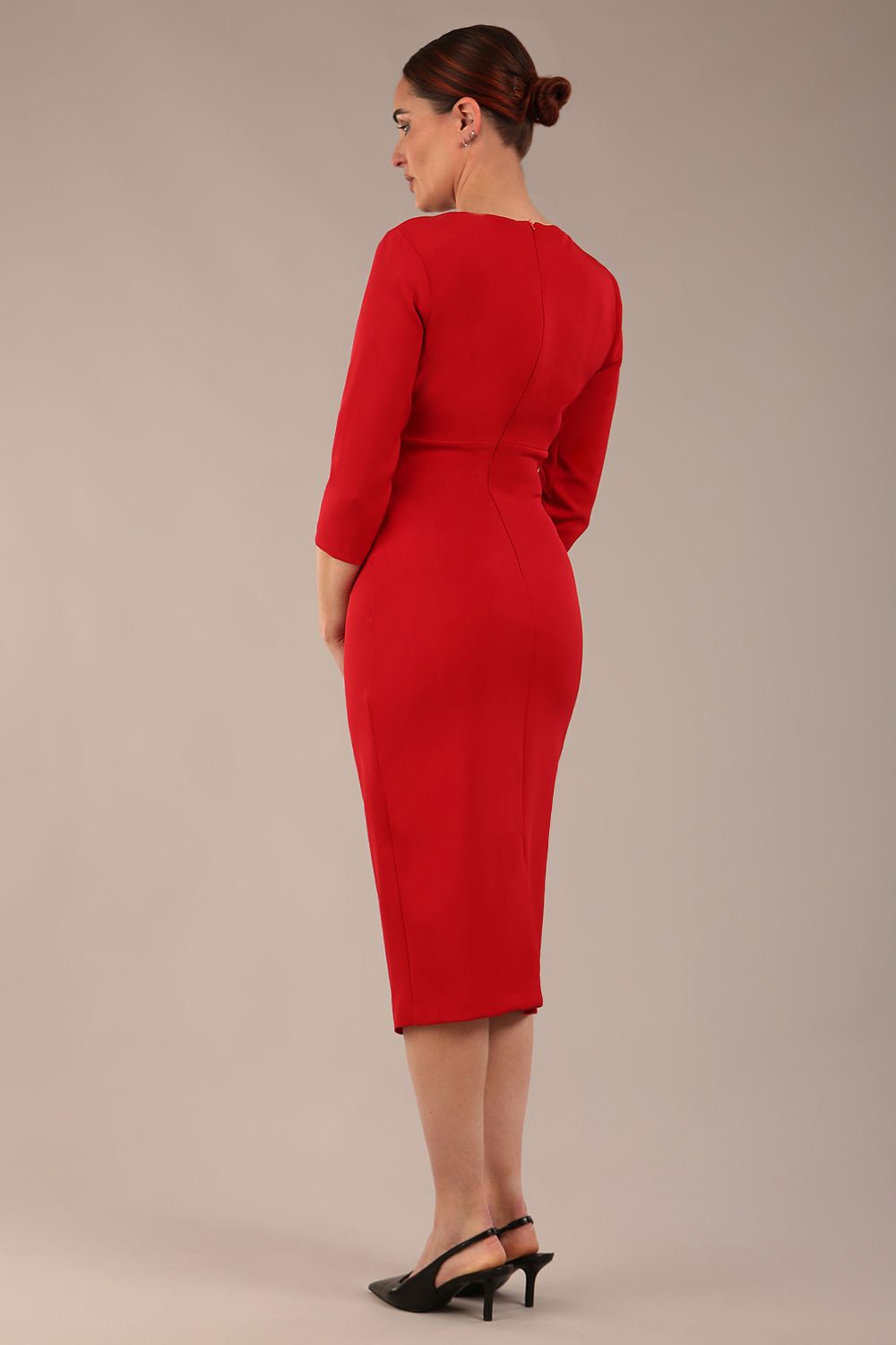 brunette model wearing diva catwalk ubrique pencil dress with a keyhole detail and sleeves in dark red colour front (Dark Red)