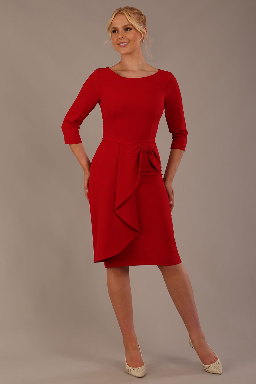 model is wearing diva catwalk jacky dress with rounded neckline 3/4 sleeve and bow detail on the waist in scarlet red front view (Scarlet Red)