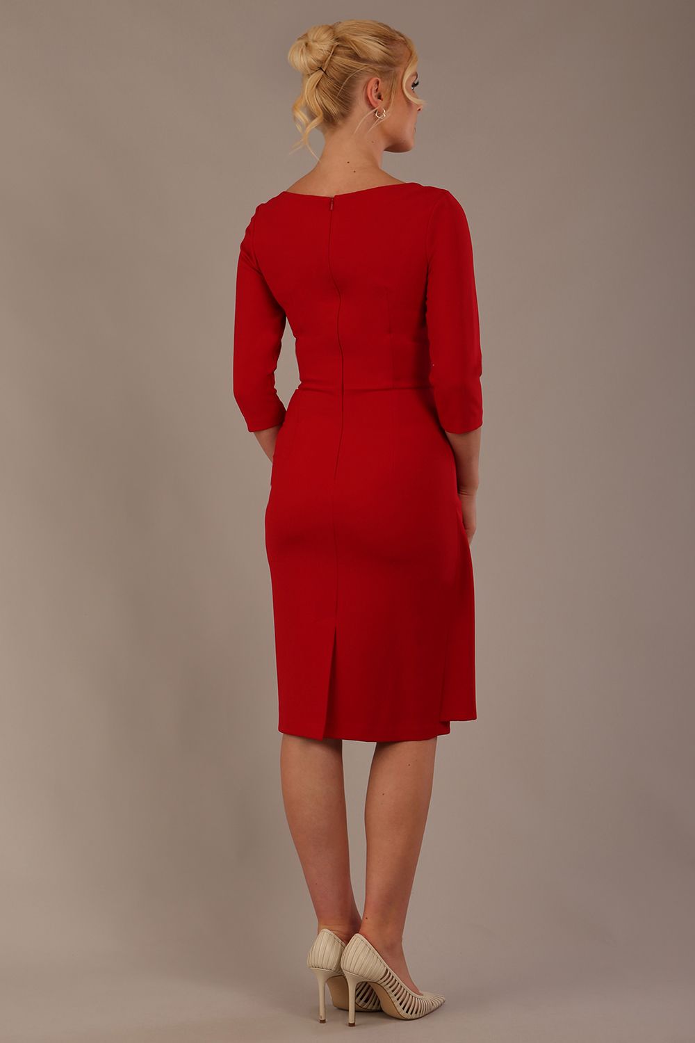 model is wearing diva catwalk jacky dress with rounded neckline 3/4 sleeve and bow detail on the waist in scarlet red front view (Scarlet Red)