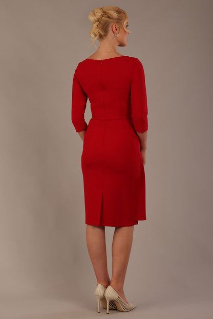 model is wearing diva catwalk jacky dress with rounded neckline 3/4 sleeve and bow detail on the waist in scarlet red front view (Scarlet Red)