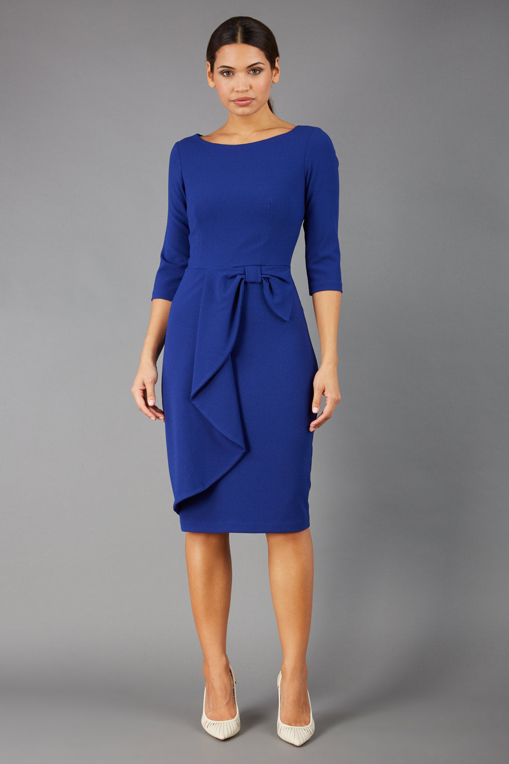 model is wearing diva catwalk jacky dress with rounded neckline 3/4 sleeve and bow detail on the waist in oxford blue front view (Oxford Blue)