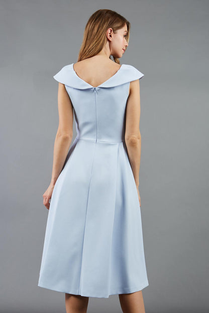 model is wearing divacatwalk Chesterton Sleeveless a-line swing dress in celestial blue with oversized collar front