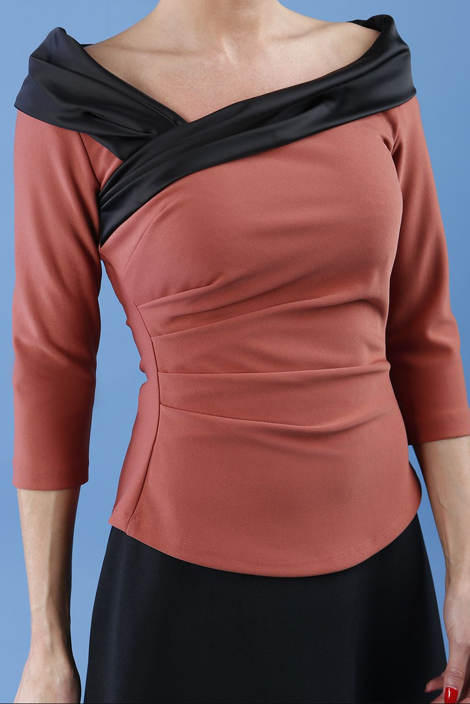 Diva Pleated Felicity 3/4 Sleeved Top With Duchess Satin Neckline Detail In Brown Front (Marsala Brown & Black)