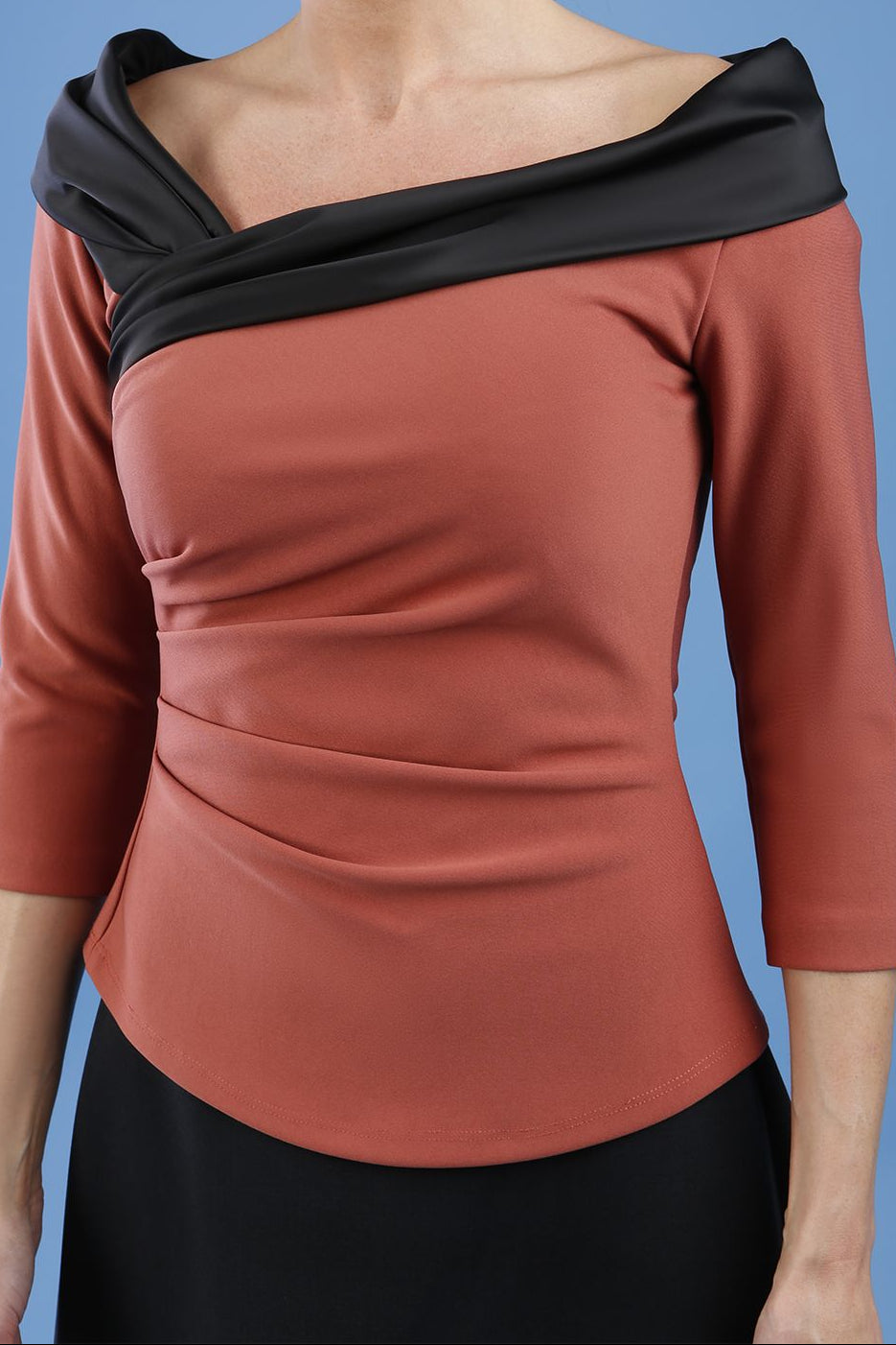 Diva Pleated Felicity 3/4 Sleeved Top With Duchess Satin Neckline Detail In Brown Front (Marsala Brown & Black)