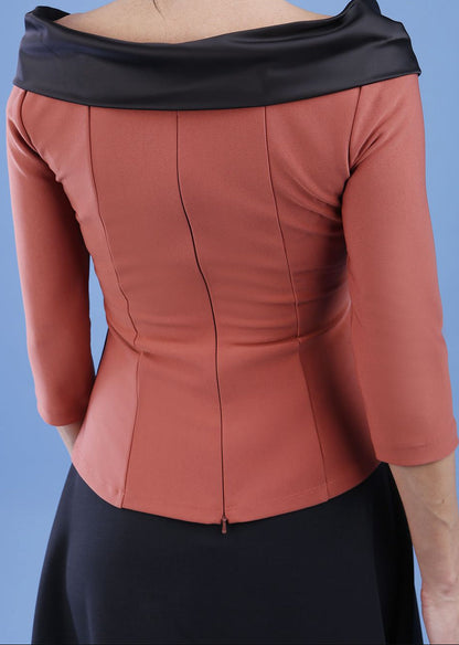 Diva Pleated Felicity 3/4 Sleeved Top With Duchess Satin Neckline Detail In Brown Front (Marsala Brown & Black)