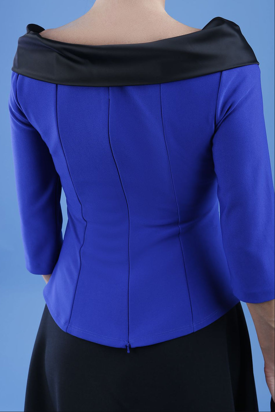 Diva Pleated Felicity 3/4 Sleeved Top With Duchess Satin Neckline Detail In Cobalt Front (Cobalt Blue & Black)