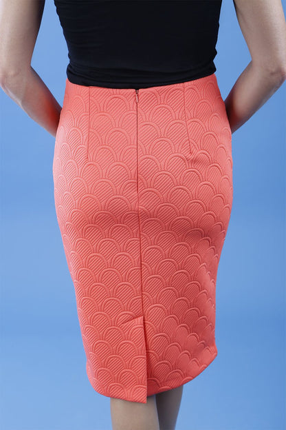 Diva Gina Short Pencil Skirt with Embodied design in Hot Coral Front