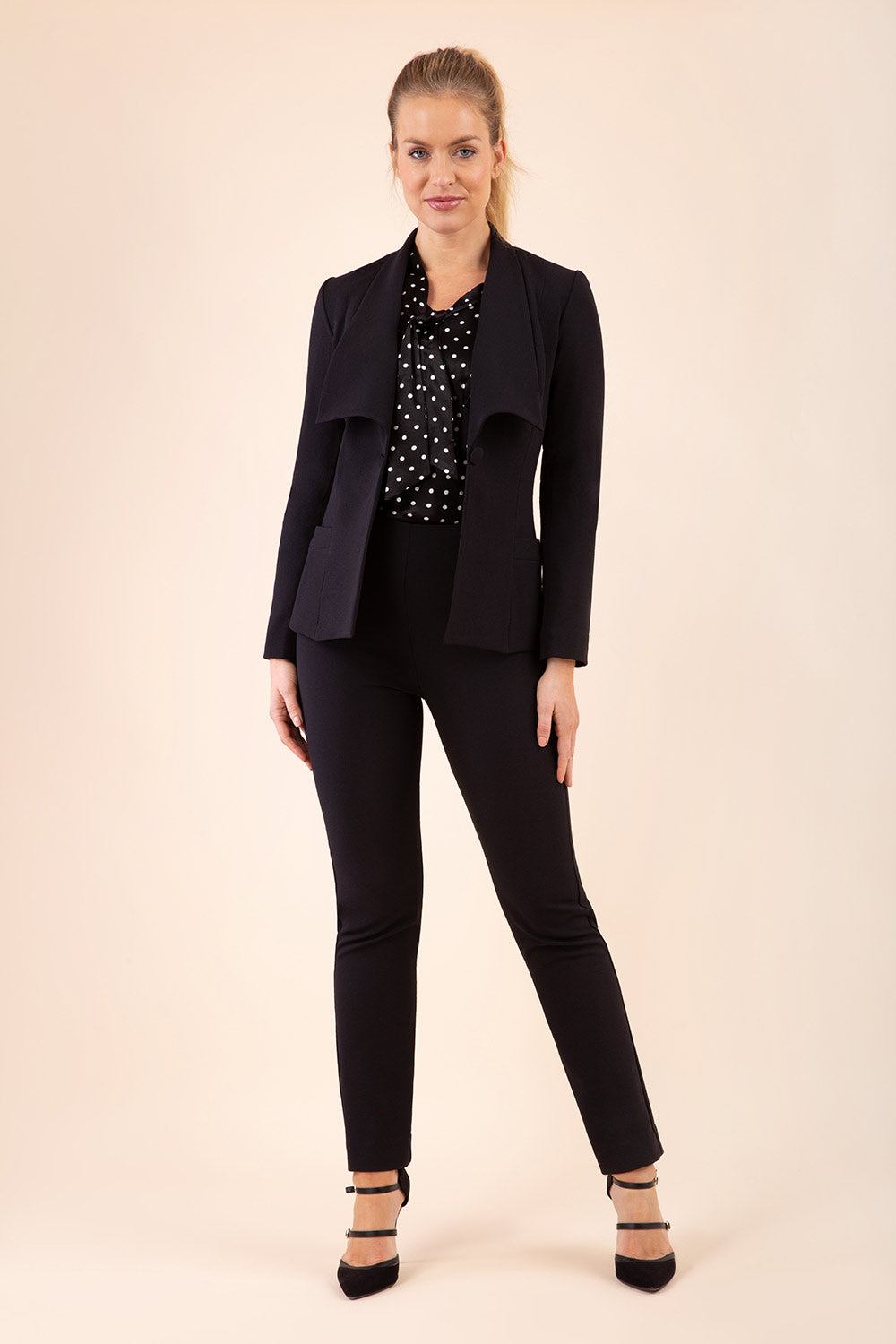 blonde model wearing diva catwalk straight ankle length trousers in black front