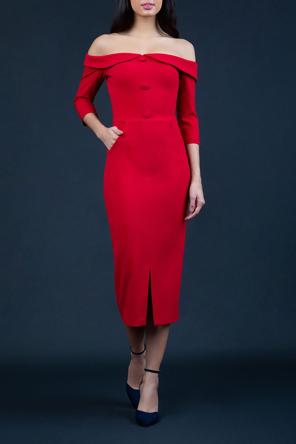 brunette model wearing diva catwalk zorita maxi pencil three quarter fitted dress off-shoulder with bardot neckline and buttons to front with pockets and vent on a skirt in scarlet red front