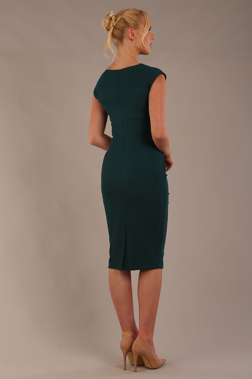 model wearing diva catwalk lydia sleeveless pencil flattering fitted plain dress with split neckline and pleating across the body green gables front (Green Gables)