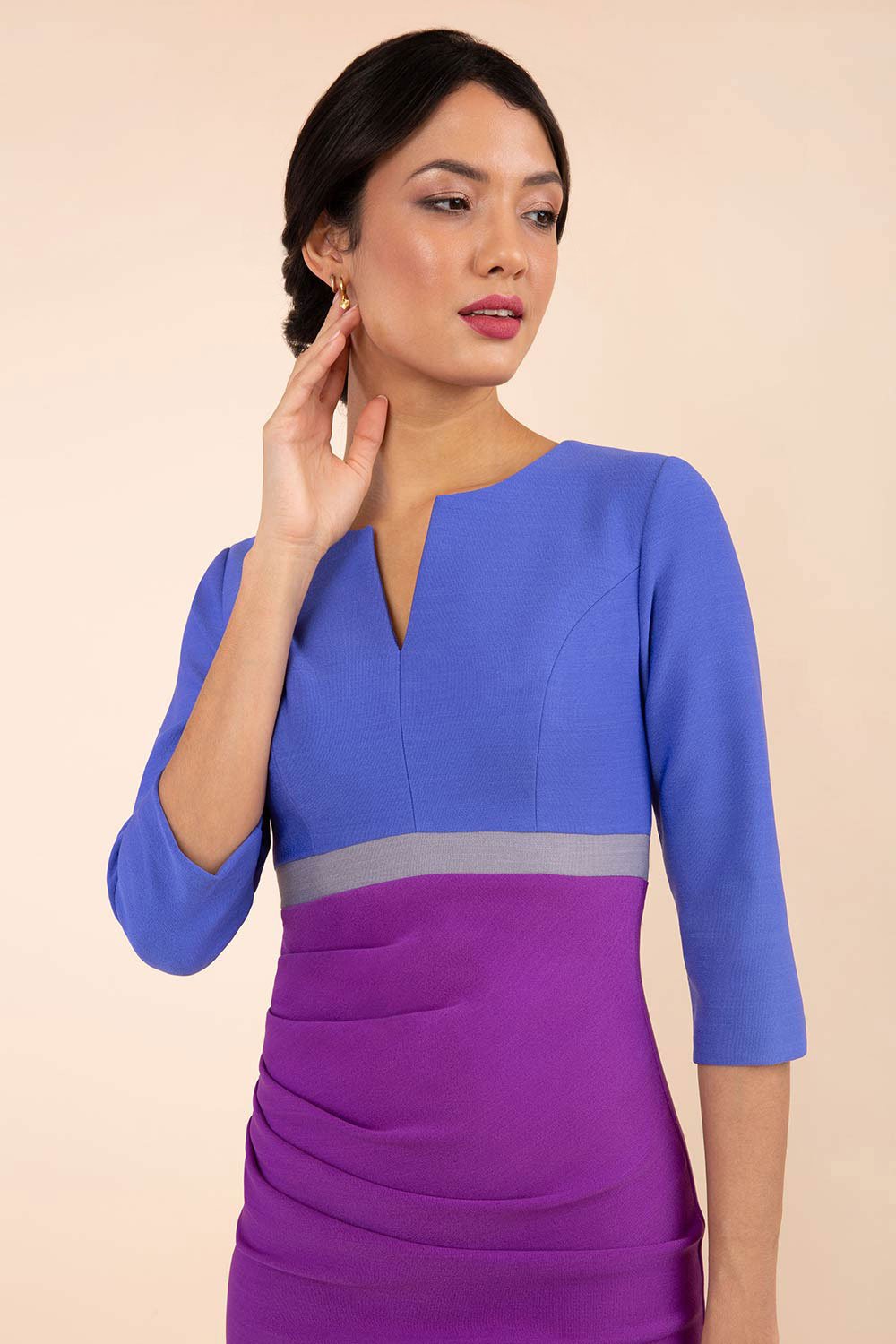 Model wearing the Diva Lara Colour Block pencil dress Couture Stretch seed three quarter sleeve  in Amethyst Purple, Thistle Blue , Sky Grey colour front 