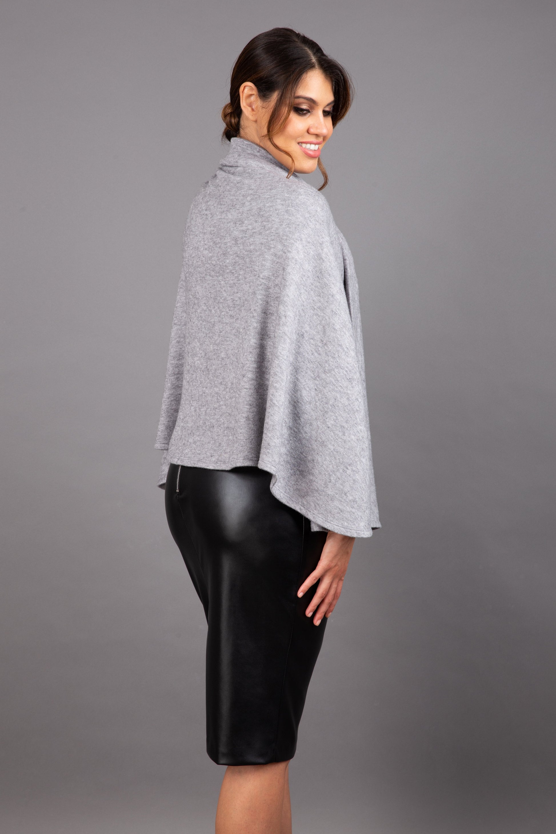brunette model wearing diva catwalk hampstead cape known as shawl high neck in flint grey front