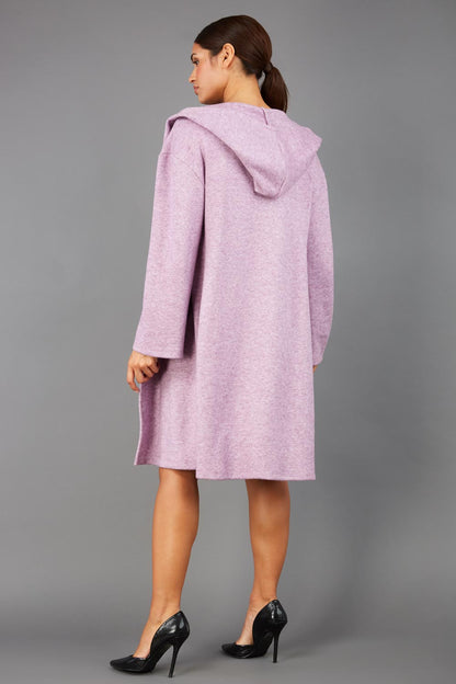 brunette model wearing diva catwalk hooded coat with long sleeves in soft cosy cashmere in pink front