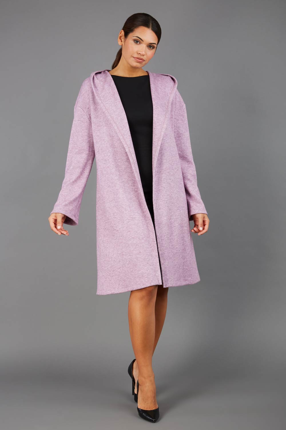 brunette model wearing diva catwalk hooded coat with long sleeves in soft cosy cashmere in pink front