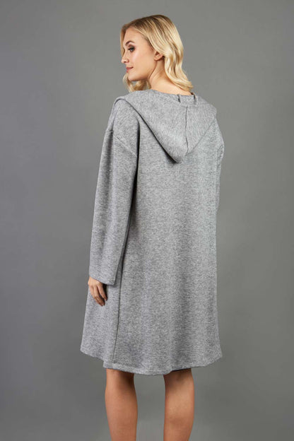 blonde model wearing diva catwalk hooded coat with long sleeves in soft cosy cashmere in grey front