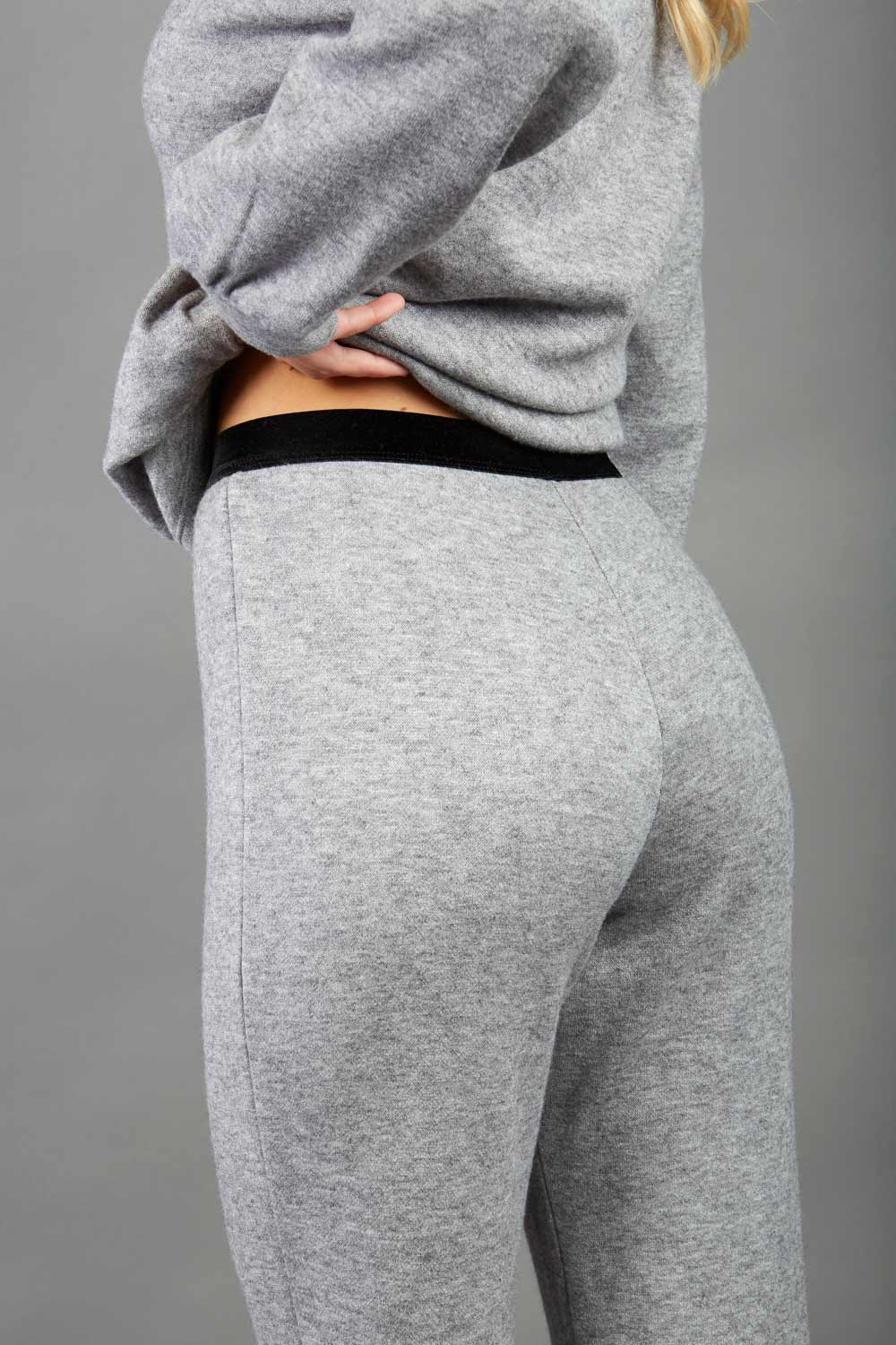 Model is wearing diva catwalk brody cashmere trousers long leg in flint grey colour front
