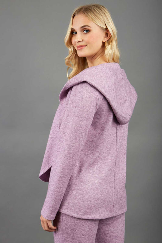 blonde model wearing diva catwalk cashmere hooded jacket with long sleeves and front waterfall closure in lavender mist front