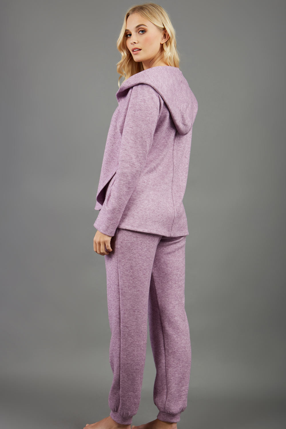blonde model wearing diva catwalk cashmere hooded jacket with long sleeves and front waterfall closure in lavender mist front