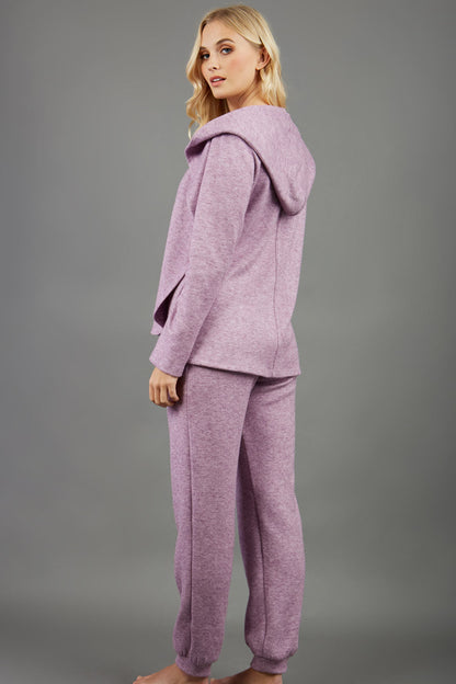 blonde model wearing diva catwalk cashmere hooded jacket with long sleeves and front waterfall closure in lavender mist front