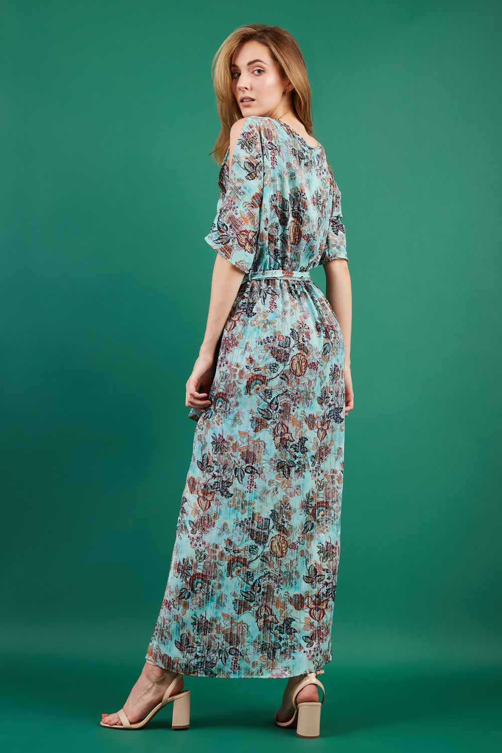 model is wearing diva catwalk maxi summer dress with short sleeve and a belt detail in pale blue print front