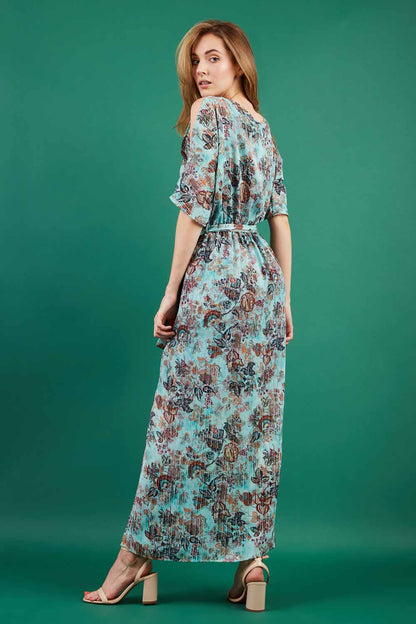 model is wearing diva catwalk maxi summer dress with short sleeve and a belt detail in pale blue print front