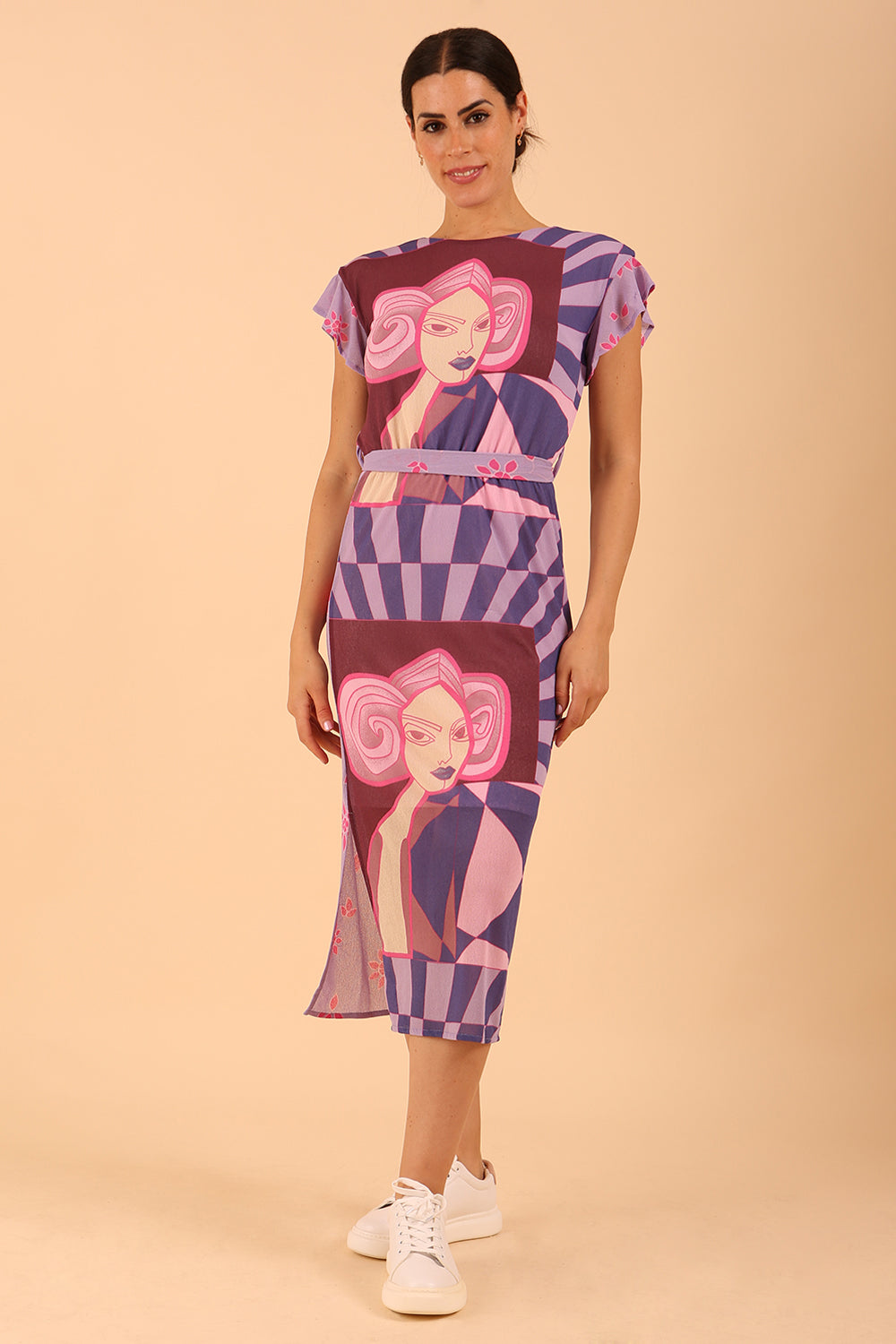 model is wearing diva catwalk midi length printed dress with short sleeves and belt detail in purple front