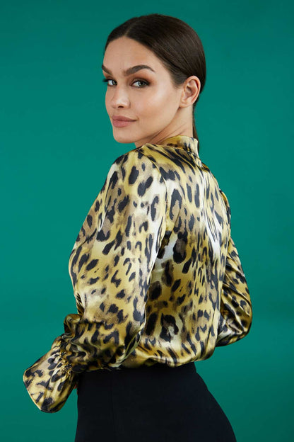 divacatwalk ricky long sleeve animal printed top with a loose tie detail at the front in gold leopard print front