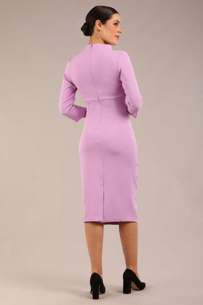 model is wearing diva catwalk plaza sheath dress with high neck Trapezium neckline cut-out and three quarter sleeve pretty dress in sheer lilac front