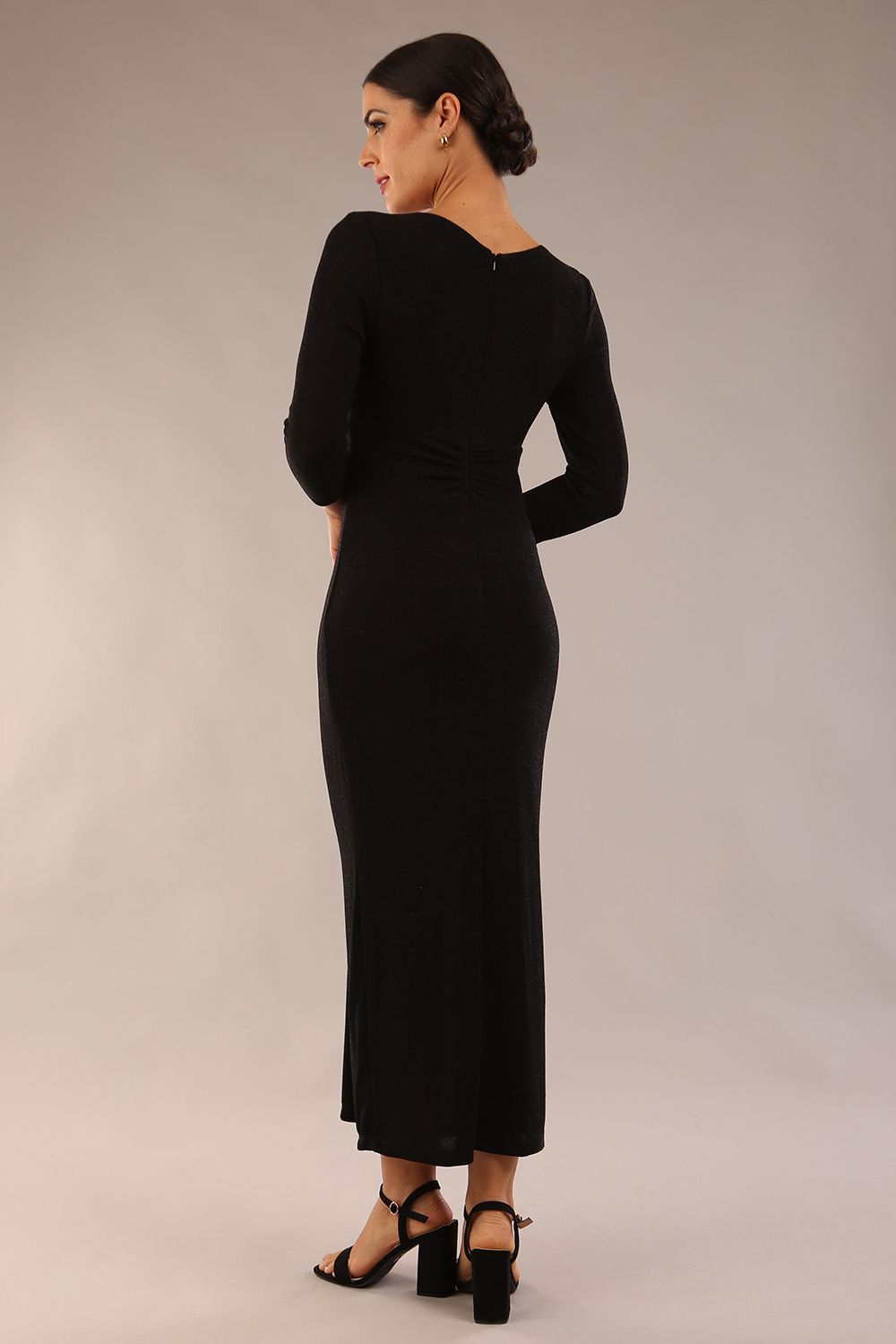 brunette Model is wearing diva catwalk Melody Long Sleeve Sparkle Midaxi Dress in Black front