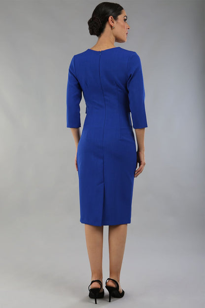 Model wearing Diva Catwalk Lantana Square Neck Pencil Dress 3/4 Sleeve in Cobalt Blue front