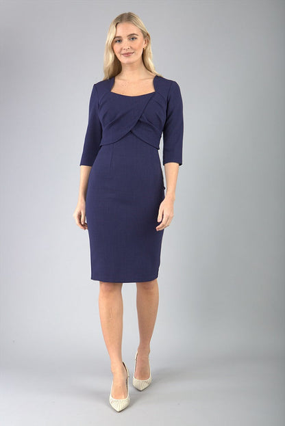 Model wearing Diva Catwalk Lantana Square Neck Pencil Dress 3/4 Sleeve in Navy front