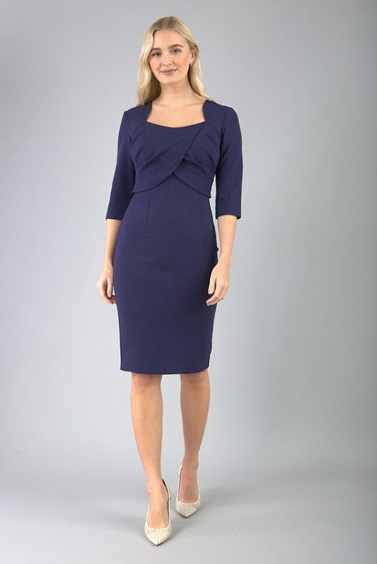 Model wearing Diva Catwalk Lantana Square Neck Pencil Dress 3/4 Sleeve in Navy front